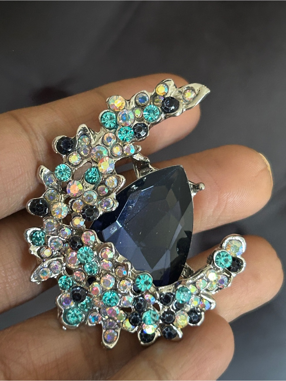 Elegant Teardrop Crystal Brooch in Dark Blue and Multicolor Accents